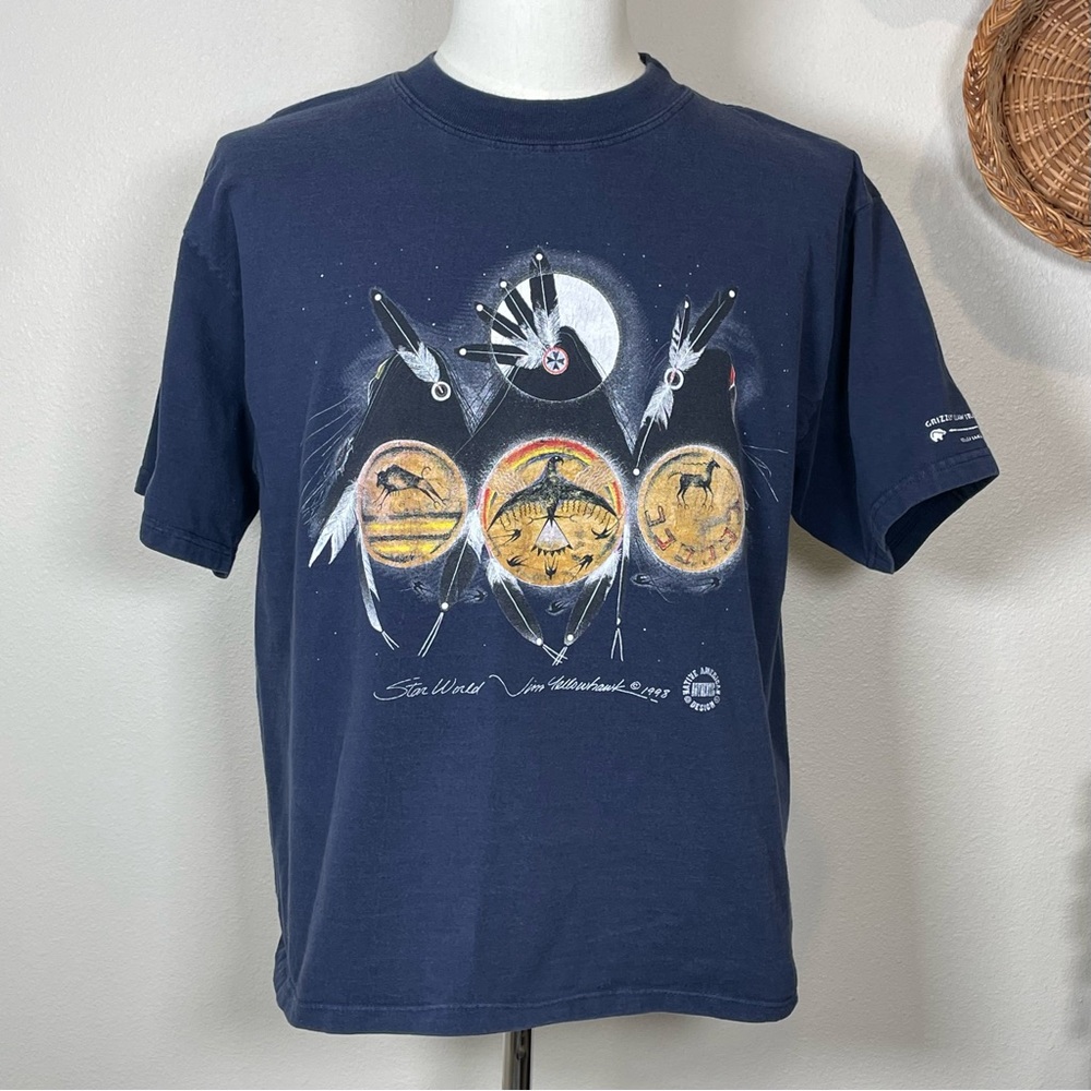 Vintage ‘98 STAR WORLD Jim Yellowhawk Art Tee TShirt Feathers Moon Warrior Large